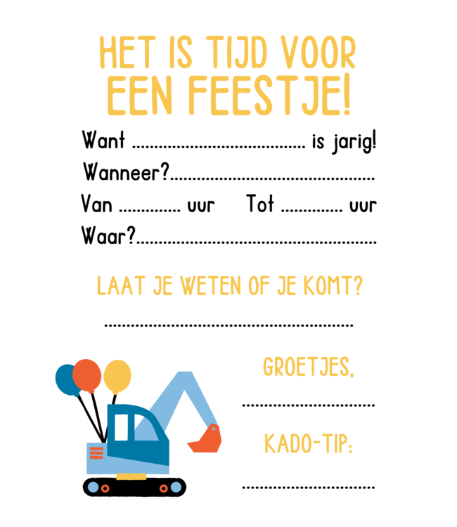 Uitnodigingen Graafmachines | 5 stuks