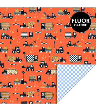 House of Products Cadeaupapier Bouwvoertuigen Fluor oranje | 70 x 300 cm