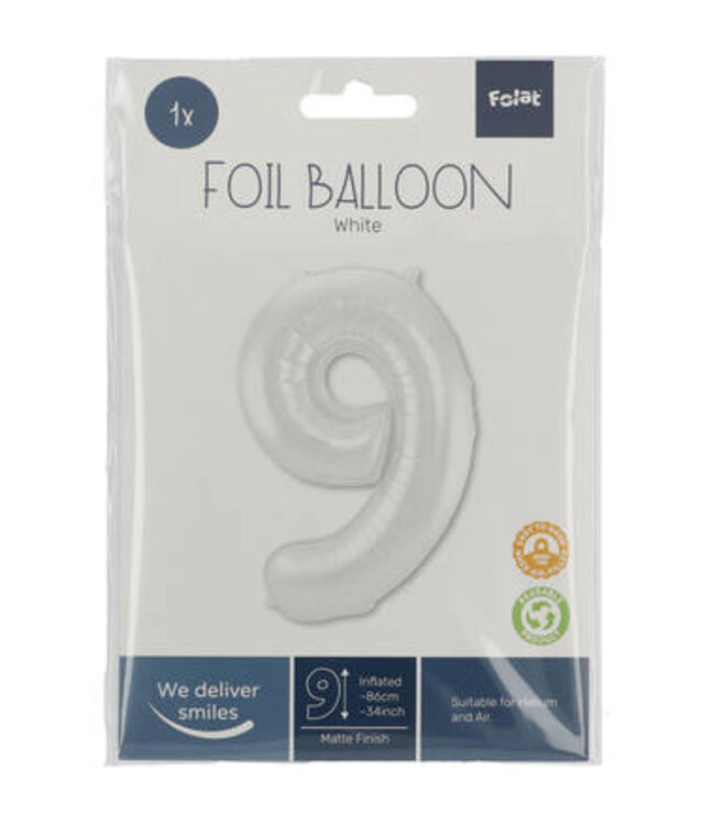 Folieballon| Cijfer 9| Metallic wit | 86 cm