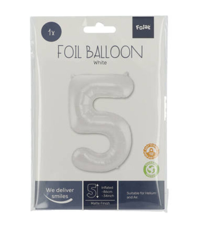 OUTLET Folieballon Cijfer 5 Wit Metallic Mat - 86 cm