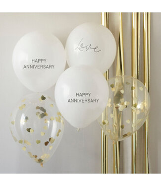 Ginger Ray Ballonnenset Happy Anniversary hartjes confetti - wit/goud