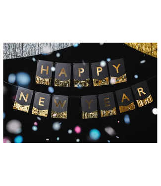 PartyDeco Happy New Year slinger| Zwart en goud folie | 1,35m