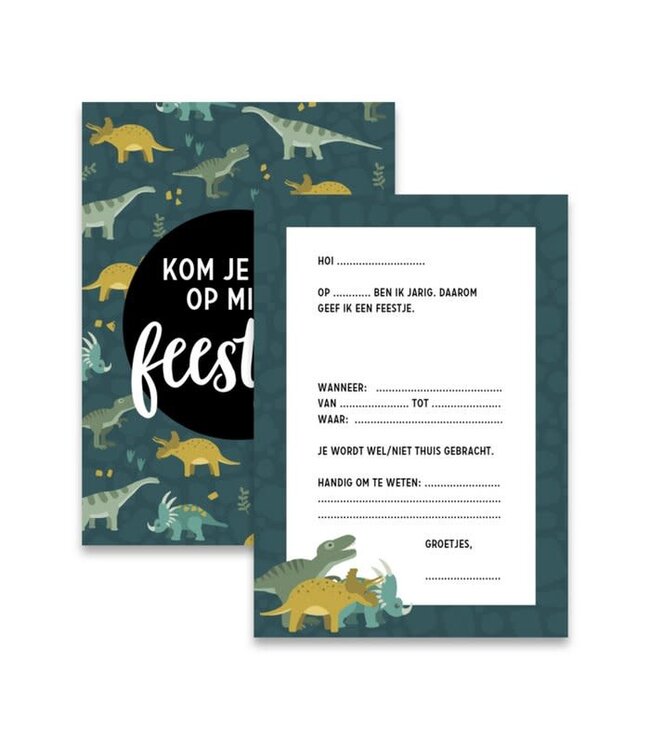 Hippe kaartjes Kom jij ook op mijn feestje? | Dinosaurus uitnodigingen | 8 stuks