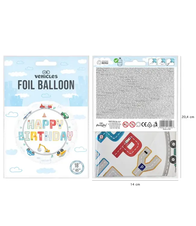 Folieballon Happy Birthday voertuigen | 45 cm