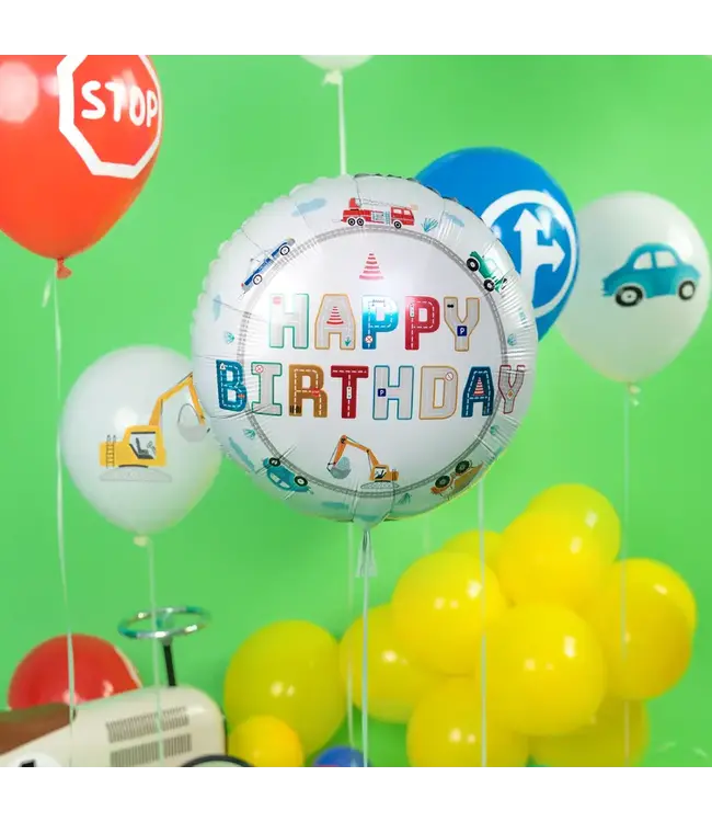 Folieballon Happy Birthday voertuigen | 45 cm
