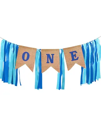 PartyPal Banner 1 jaar | blauw jute met franjes