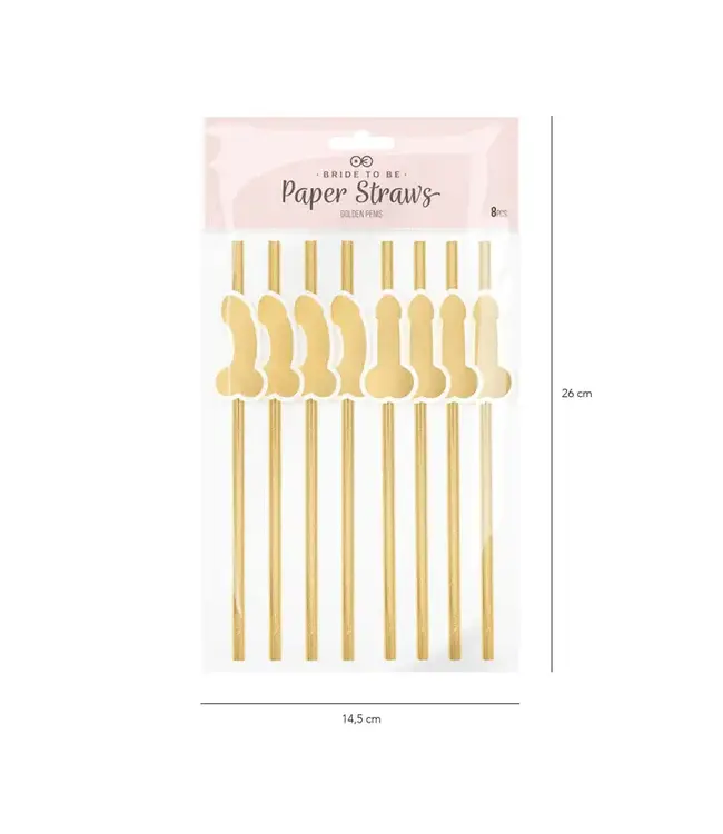 Vrijgezellenfeest rietjes piemel | Goud | 8 stuks