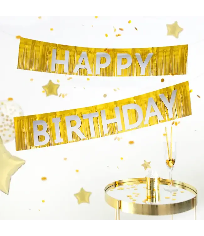 Banner happy birthday | goud en zilver | 200 cm