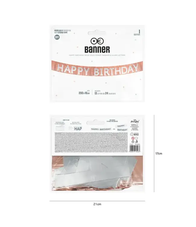 Banner Happy birthday | Rosegoud en zilver | 200 cm