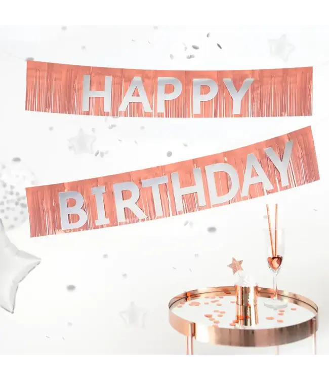Banner Happy birthday | Rosegoud en zilver | 200 cm