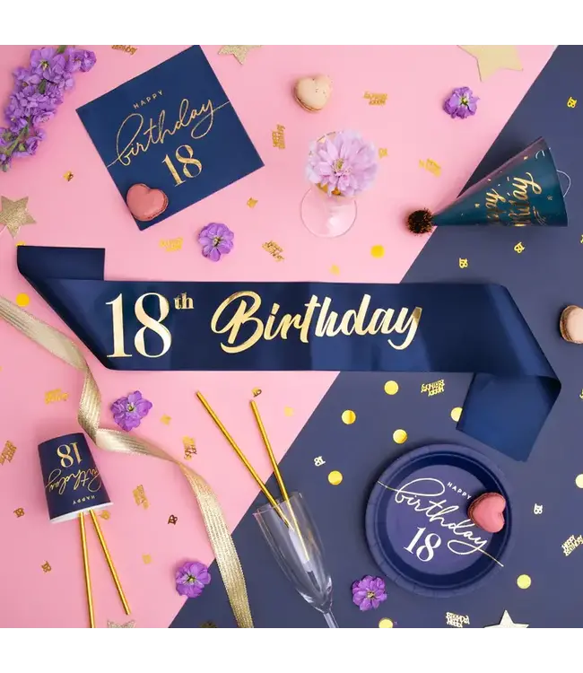 Verjaardagssjerp 18 jaar | marineblauw en goud | 10 x 160 cm