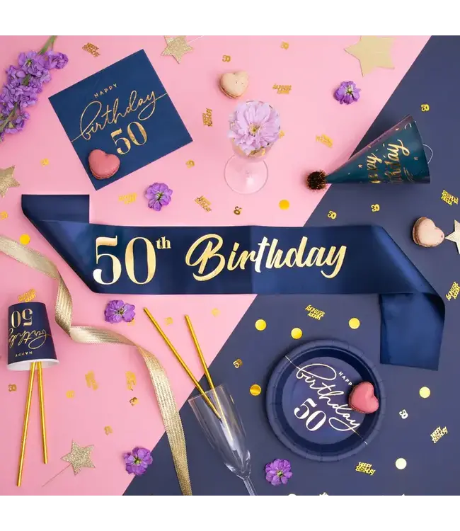 Verjaardagssjerp 50 jaar | marineblauw en goud | 10 x 160 cm