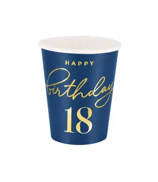 PartyPal Papieren bekertjes happy birthday | 18 jaar | marineblauw en goud | 6 stuks