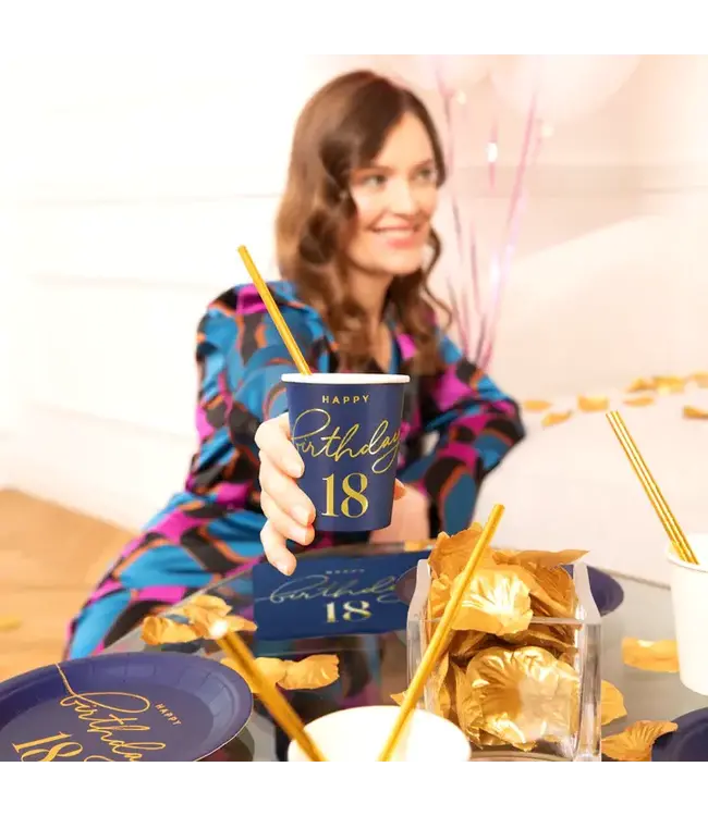 Papieren bekertjes happy birthday | 18 jaar | marineblauw en goud | 6 stuks