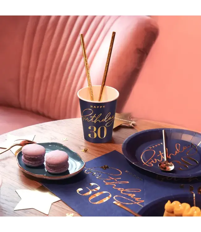 Papieren bekertjes happy birthday | 30 jaar | marineblauw en goud | 6 stuks