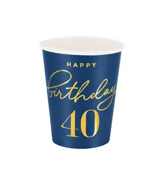 PartyPal Papieren bekertjes happy birthday | 40 jaar | marineblauw en goud | 6 stuks