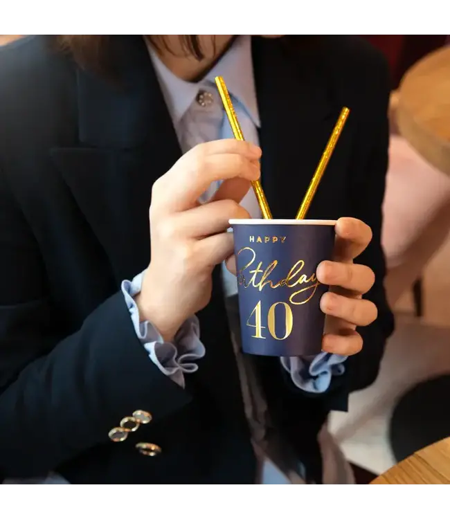 Papieren bekertjes happy birthday | 40 jaar | marineblauw en goud | 6 stuks