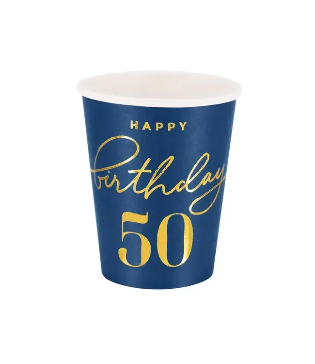 PartyPal Papieren bekertjes happy birthday | 50 jaar | marineblauw en goud | 6 stuks