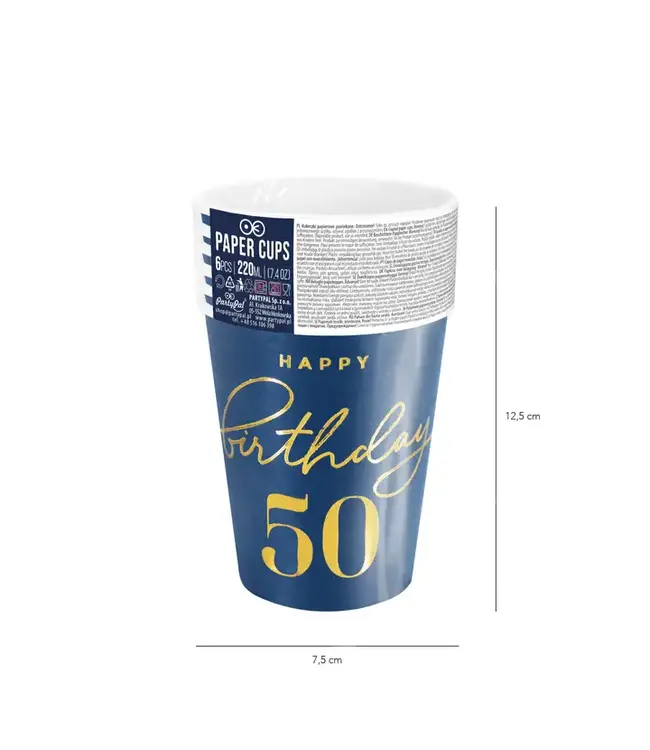 Papieren bekertjes happy birthday | 50 jaar | marineblauw en goud | 6 stuks