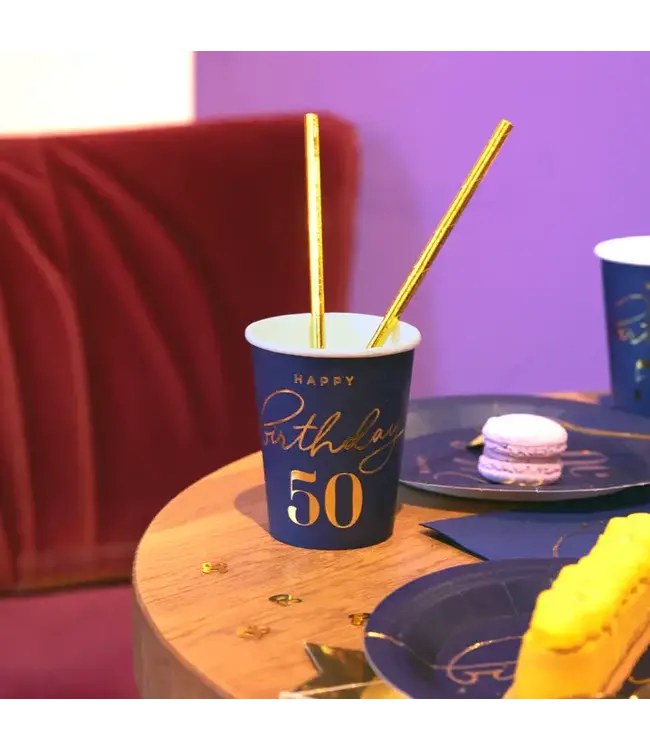 Papieren bekertjes happy birthday | 50 jaar | marineblauw en goud | 6 stuks