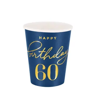 PartyPal Papieren bekertjes happy birthday | 60 jaar | marineblauw en goud | 6 stuks