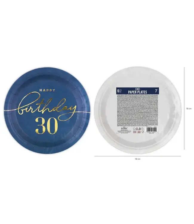 Papieren bordjes happy birthday | 30 jaar | marineblauw en goud | 6 stuks