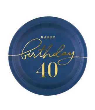 PartyPal Papieren bordjes happy birthday | 40 jaar | Marineblauw en goud | 6 stuks