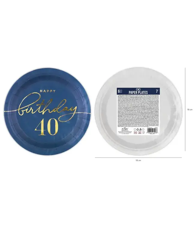 Papieren bordjes happy birthday | 40 jaar | Marineblauw en goud | 6 stuks