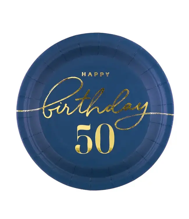 PartyPal Papieren bordjes happy birthday | 50 jaar | marineblauw en goud | 6 stuks