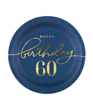 PartyPal Papieren bordjes happy birthday | 60 jaar | marineblauw en goud | 6 stuks