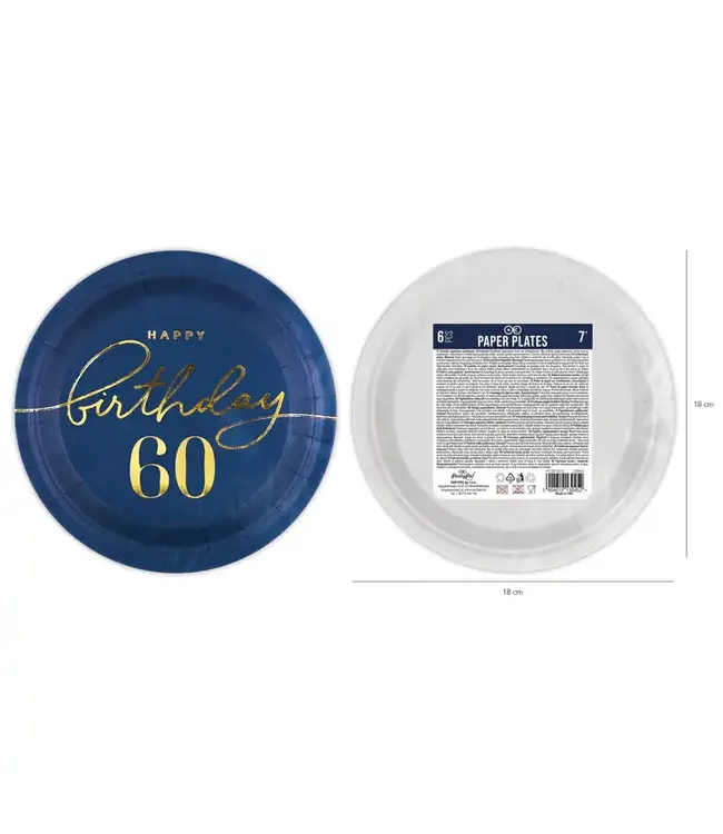 Papieren bordjes happy birthday | 60 jaar | marineblauw en goud | 6 stuks