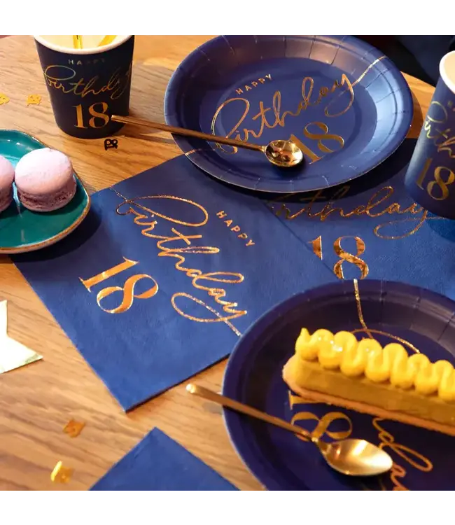 Servetten happy birthday | 18 jaar | marineblauw en goud | 10 stuks