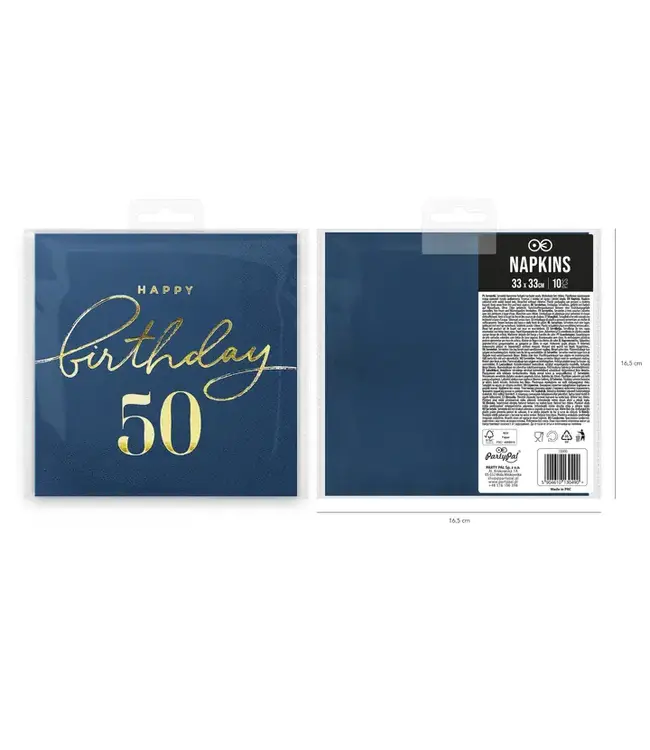 PartyPal Servetten happy birthday | 50 jaar | marineblauw en goud | 10 stuks