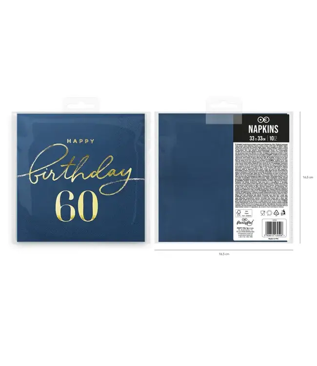 Servetten happy birthday | 60 jaar | Marineblauw en goud | 10 stuks