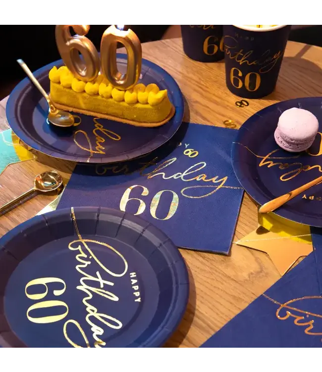 Servetten happy birthday | 60 jaar | Marineblauw en goud | 10 stuks