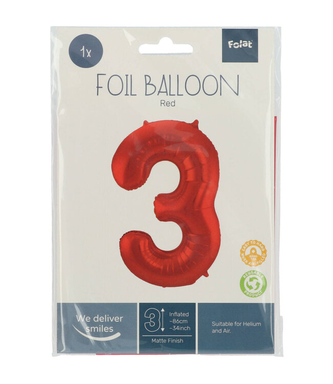 Cijferballon 3 rood - 86cm