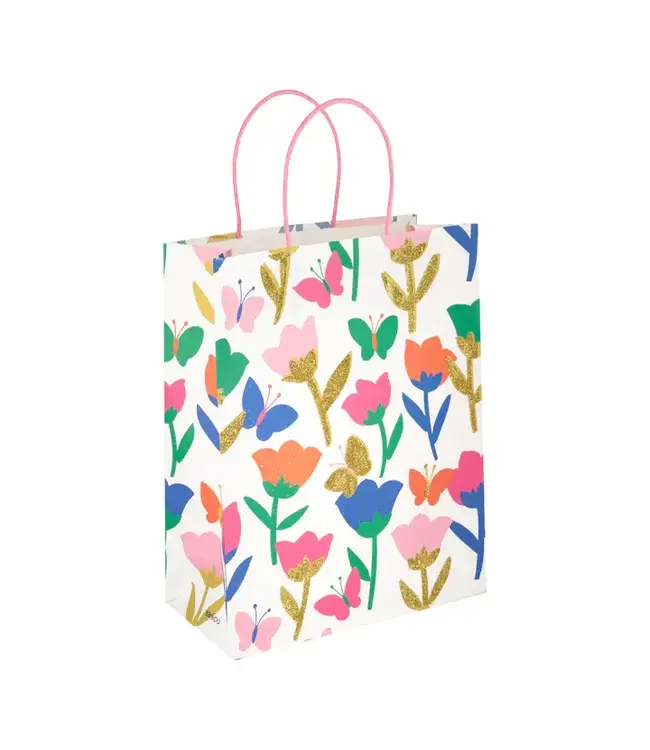 PartyPal Cadeautasje bloemen klein Gouden glitters wit 21 x 25 x 10 Feestdeco