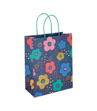 PartyPal Cadeautasje bloemen klein | Gouden glitters / blauw | 21 x 25 x 10