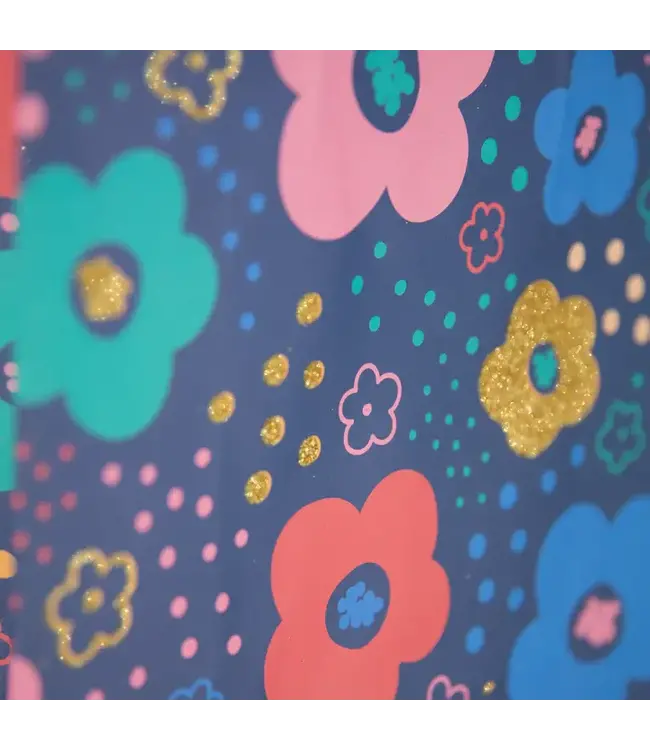 Cadeautasje bloemen klein | Gouden glitters / blauw | 21 x 25 x 10