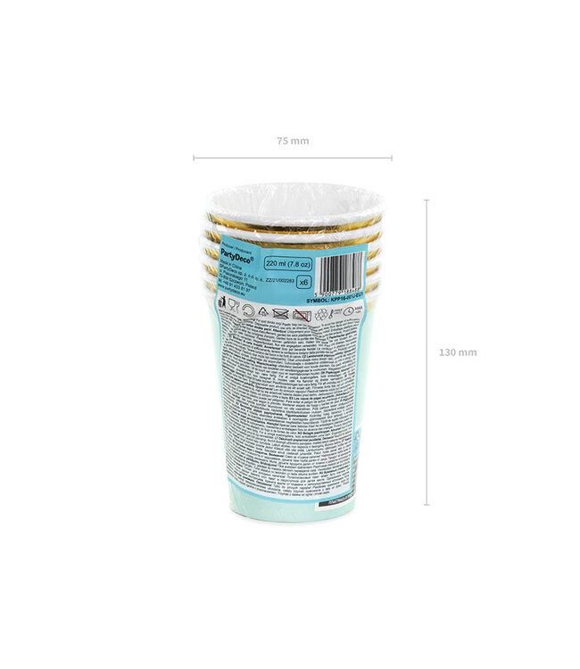 Papieren bekers - blauw met gouden rand - 6 stuks
