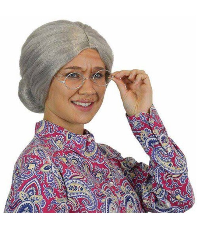 Pruik met knot oma luxe grijs