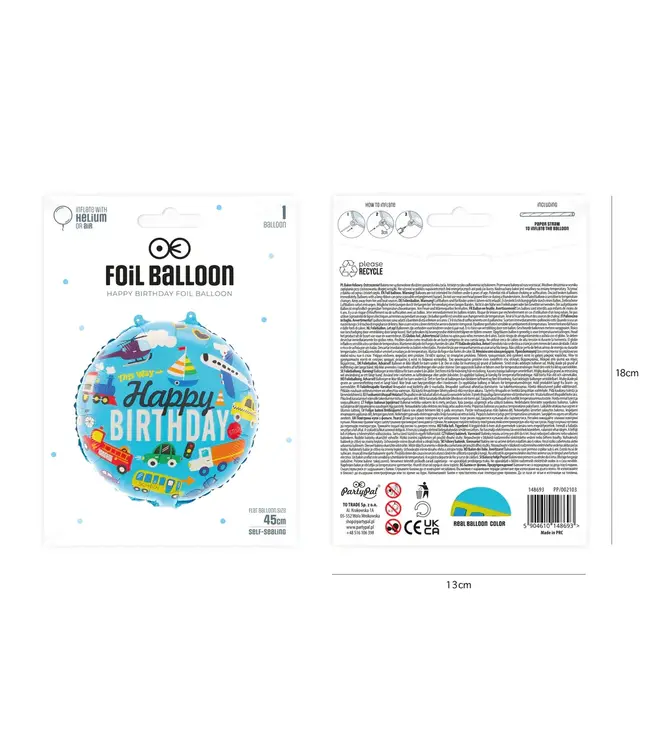 Folieballon happy birthday voertuigen | 45 cm