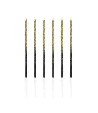 PartyPal Kaarsjes zwart en goud glitter | 6 stuks