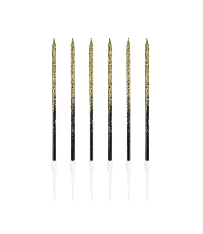 Kaarsjes zwart en goud glitter | 6 stuks