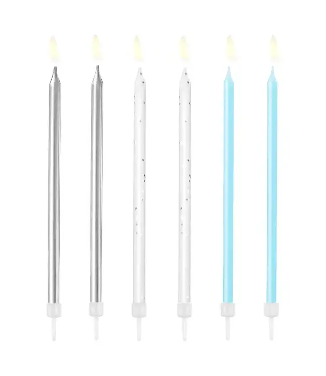Kaarsjes zilver-wit-blauw | 6 stuks