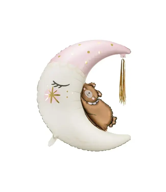 Folieballon teddybeer maan met tassel | Roze | 80 x 98cm