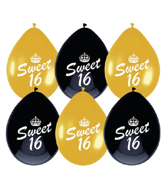 Haza Ballonnen 'Sweet 16' | Zwart-goud | 6 stuks