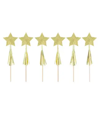PartyPal Cupcaketoppers sterren | Goud met franjes | 6 stuks