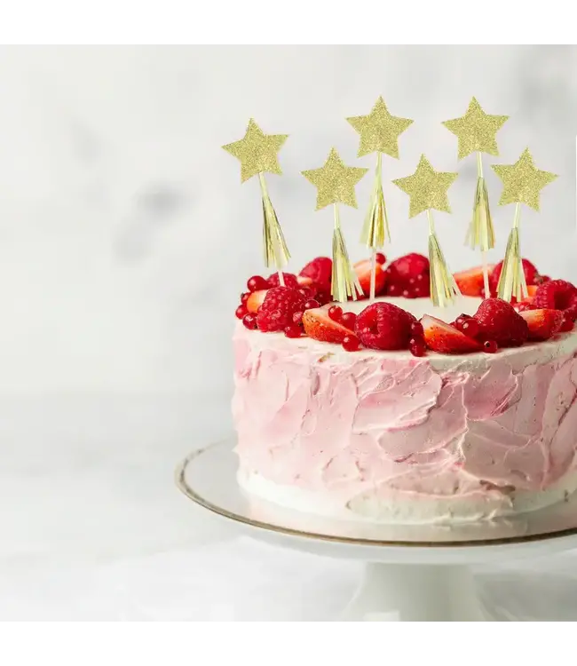 OUTLET Cupcaketoppers sterren | Goud met franjes | 6 stuks