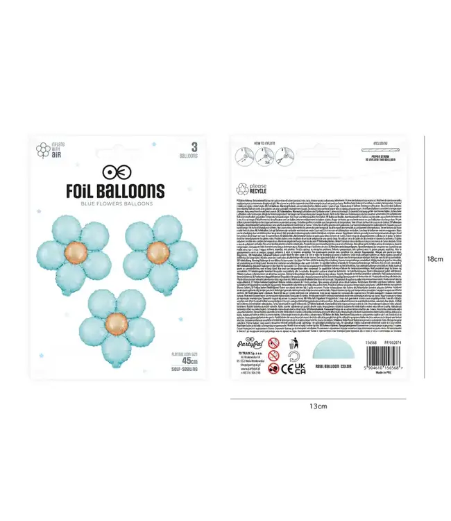 Folieballon bloemen | Blauw | 3 stuks | 45 cm